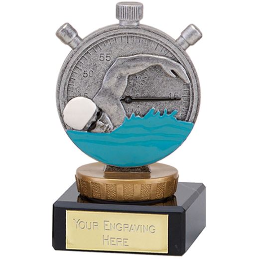 Silver Swimming Clock & Swimmer Trophy on Marble Base 9.5cm (3.75")