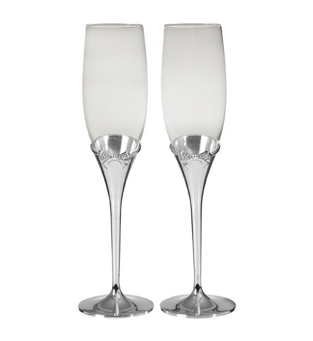 Crystal Bow Champagne Flutes with Silver plated Stems