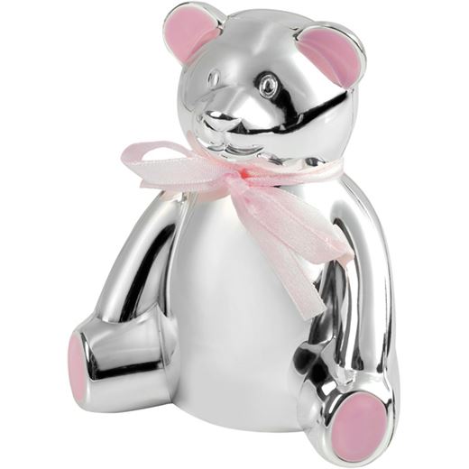 Silver Plated Teddy Bear Money Box with Pink Bow 10cm (4")