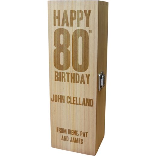Personalised Wooden Wine Box with Hinged Lid - Happy 80th Birthday 35cm (13.75")