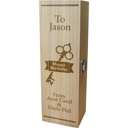 Personalised Wooden Wine Box with Hinged Lid - Happy Birthday 21st Key 35cm (13.75")