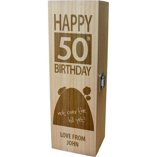 Personalised Wooden Wine Box - Happy 50th Birthday Not Over The Hill 35cm (13.75")