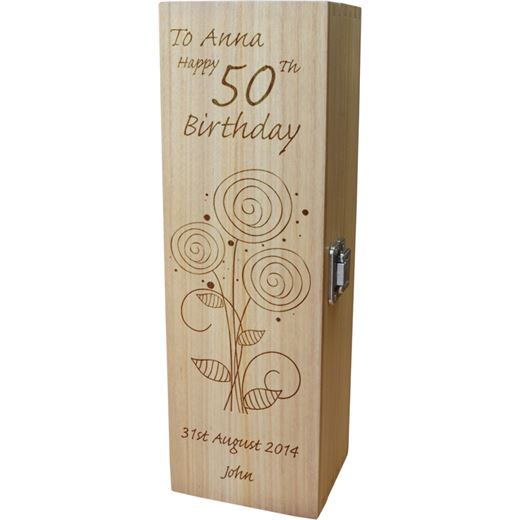 Personalised Wooden Wine Box - Happy 50th Flower Design 35cm (13.75")