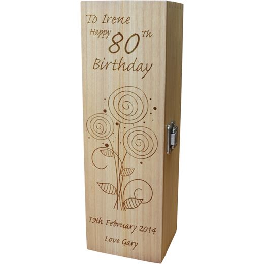 Personalised Wooden Wine Box - Happy 80th Flower Design 35cm (13.75")