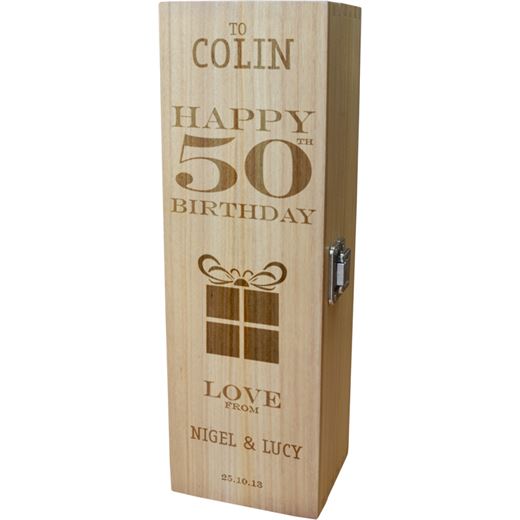 Personalised Wooden Wine Box - Happy 50th Present Design 35cm (13.75")
