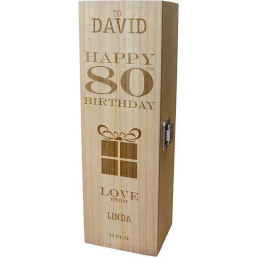 Personalised Wooden Wine Box - Happy 80th Present Design 35cm (13.75")