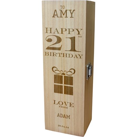 Personalised Wooden Wine Box - Happy 21st Present Design 35cm (13.75")