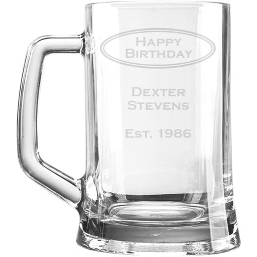 Happy Birthday Personalised 1pt Plain Glass Tankard Oval Design 15cm (6")