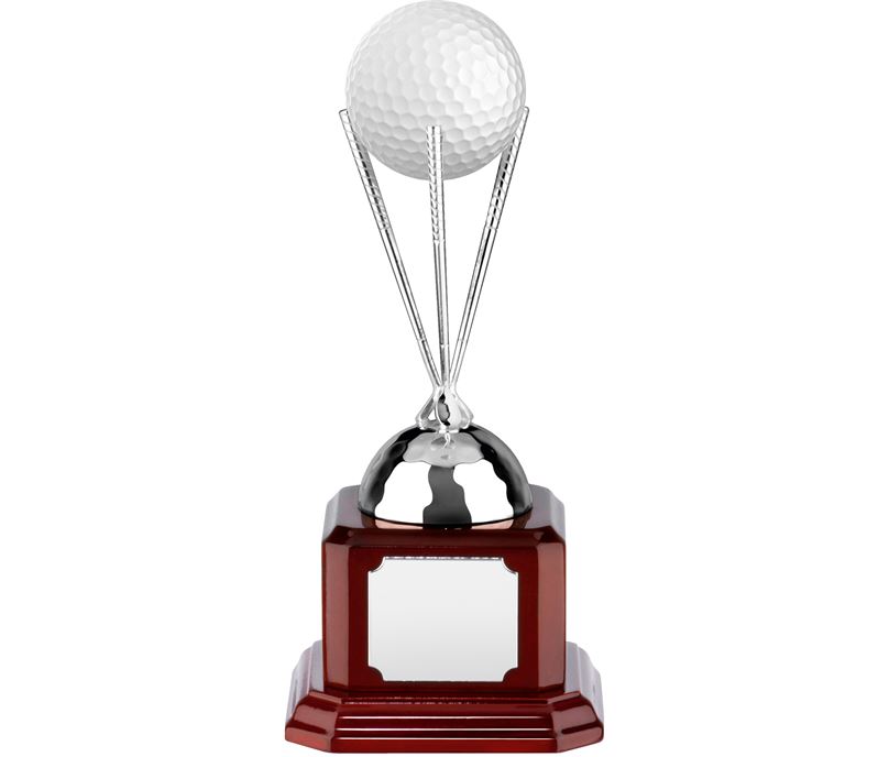 Nickel Plated Golf Ball Stand on Piano Wood Base 15cm (6")