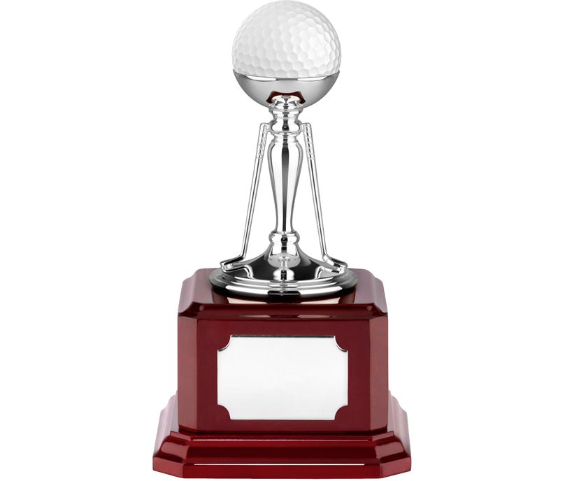 Nickel Plated Golf Ball Holder Trophy on Piano Wood Base 15cm (6")