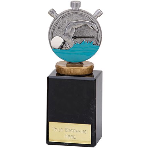 Silver Swimming Clock & Swimmer Trophy on Large Marble Base 15cm (6")