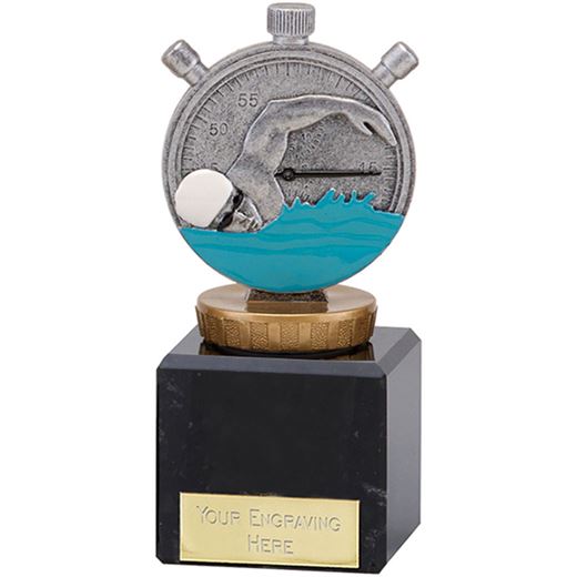 Silver Swimming Clock & Swimmer Trophy on Large Marble Base 12.5cm (5")