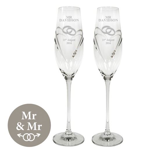 Mr & Mr Wedding/Anniversary Diamond Cut Champagne Flutes with Swarovski Crystals 26.5cm (10.5")