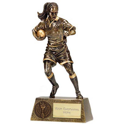 Antique Gold Pinnacle Female Rugby Player Trophy 22cm (8.75")