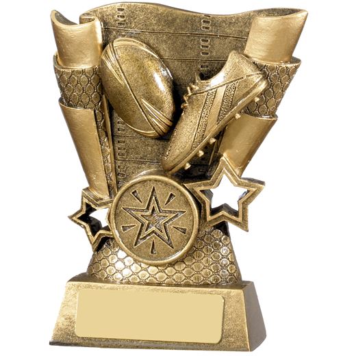 Rugby Boot & Ball Scroll Trophy Antique Gold 13cm (5")