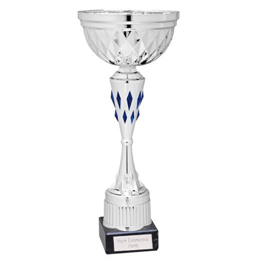 Diamond Patterned Trophy Cup Award Silver & Blue 24cm (9.5")