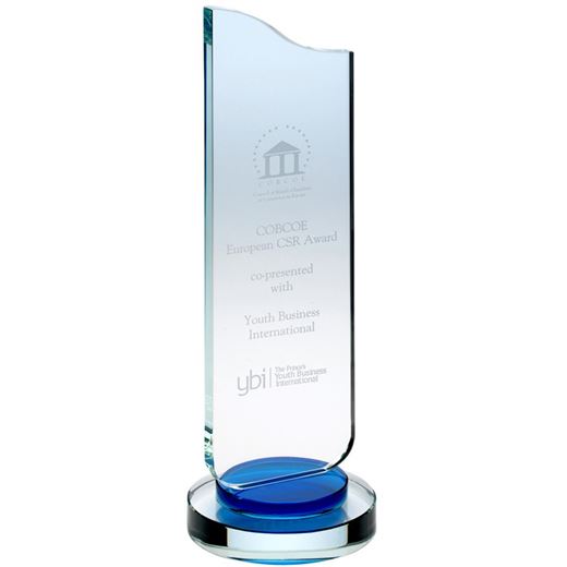 Curved Wave Glass Award Clear & Blue 35cm (13.75")