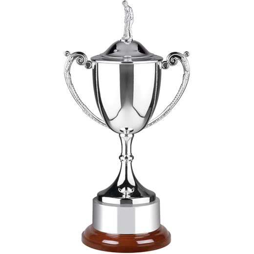 Nickel Plated Endurance Golf Presentation Cup with lid and Plinthband on a Rosewood Base 35cm (13.75")