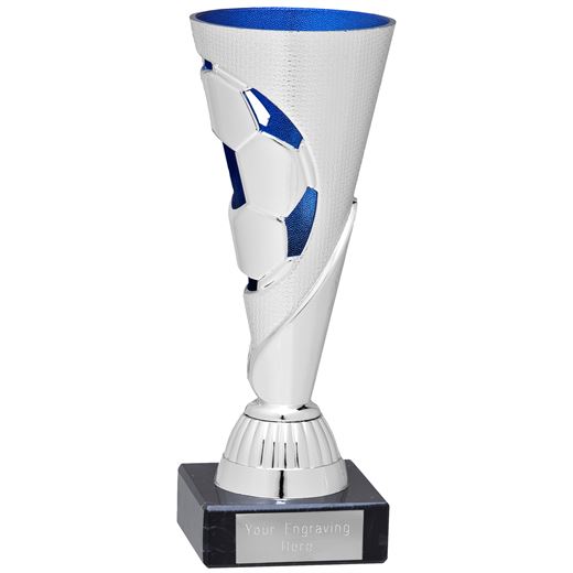 Silver & Blue Football Patterned Cone Trophy on Marble Base 17cm (6.75")