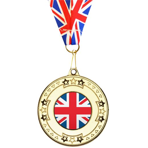 Union Flag Star & Pattern Medal Gold 50mm with Union Flag Medal Ribbon