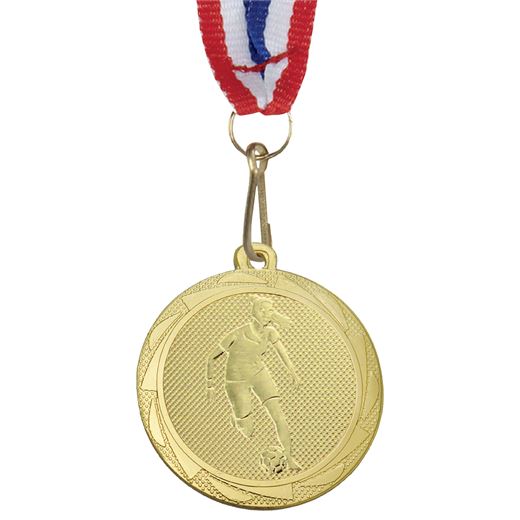 Female Football Player Medal Gold with Medal Ribbon 45mm (1.75")