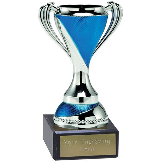 Trophy Cup On Black Marble Base Silver & Blue 12cm (4.75")