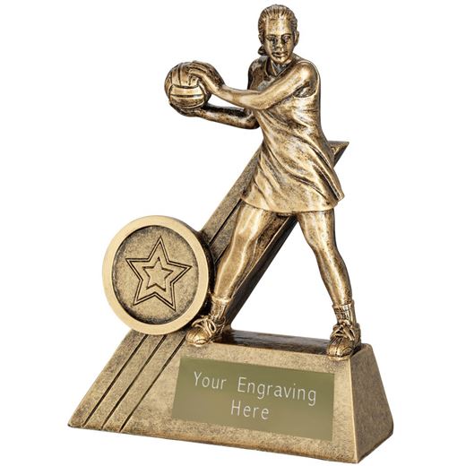 Female Netball Player Trophy Antique Gold 10cm (4")