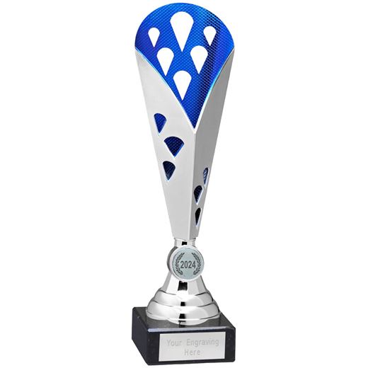 Cone Trophy Cup On Marble Base Silver & Blue Plastic 31cm (12.25")