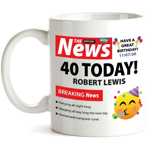 Personalised Happy 40th Birthday Newspaper Mug