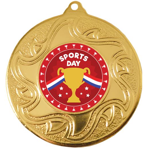 Sports Day Gold Sunburst Star Patterned Medal 50mm (2")