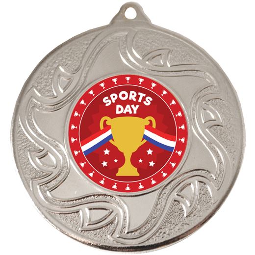 Sports Day Silver Sunburst Star Patterned Medal 50mm (2")