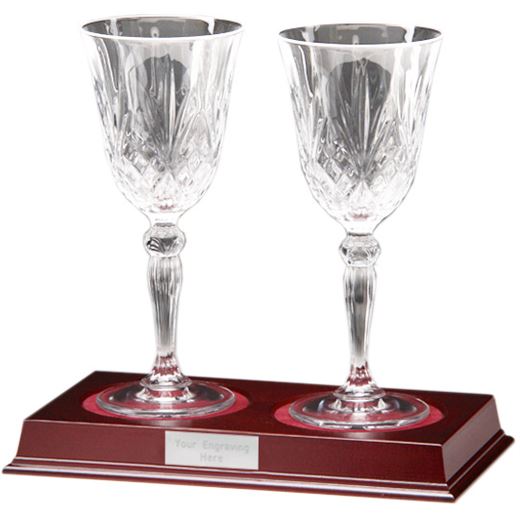 Set of 2 Cut Crystal Wine Glasses on Wooden Base 22cm (8.75")