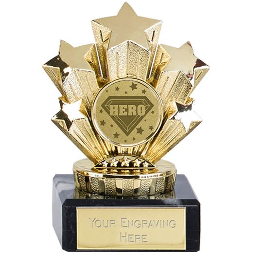 Gold Star Hero Trophy On Marble Base 9.5cm (3.75")