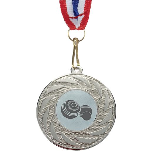 Spiral Glory Lawn Bowls Medal with Medal Ribbon Silver 50mm (2")