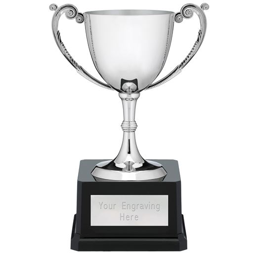Nickel Plated Cast Cup with Patterned Handles on Black Base 21cm (8.25")