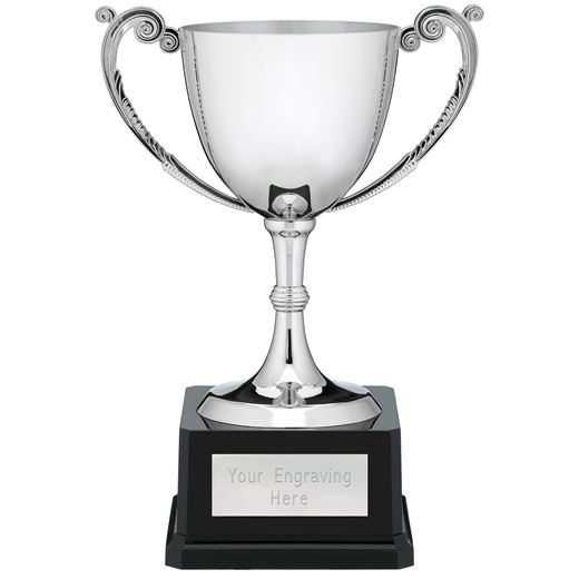 Nickel Plated Cast Cup with Patterned Handles on Black Base 26cm (10.25")