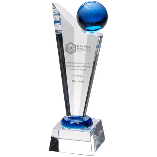 Clear Blue Glass Victory Plaque With Blue Globe 28cm (11")