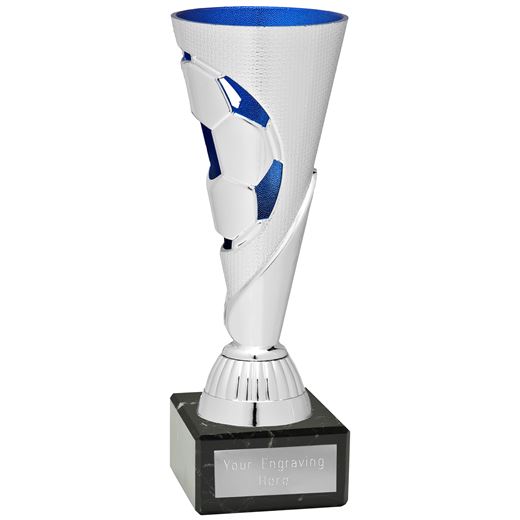 Silver & Blue Football Patterned Cone Trophy on Marble Base 16.5cm (6.5")