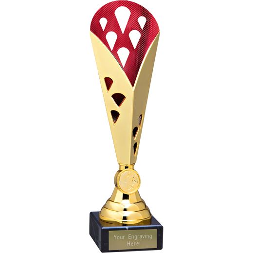 Cone Trophy Cup On Marble Base Gold & Red Plastic 30cm (11.75")