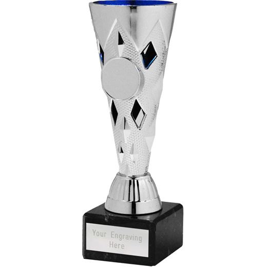Diamond Patterned Cone Trophy Cup on Marble Base Silver & Blue 16cm (6.25")