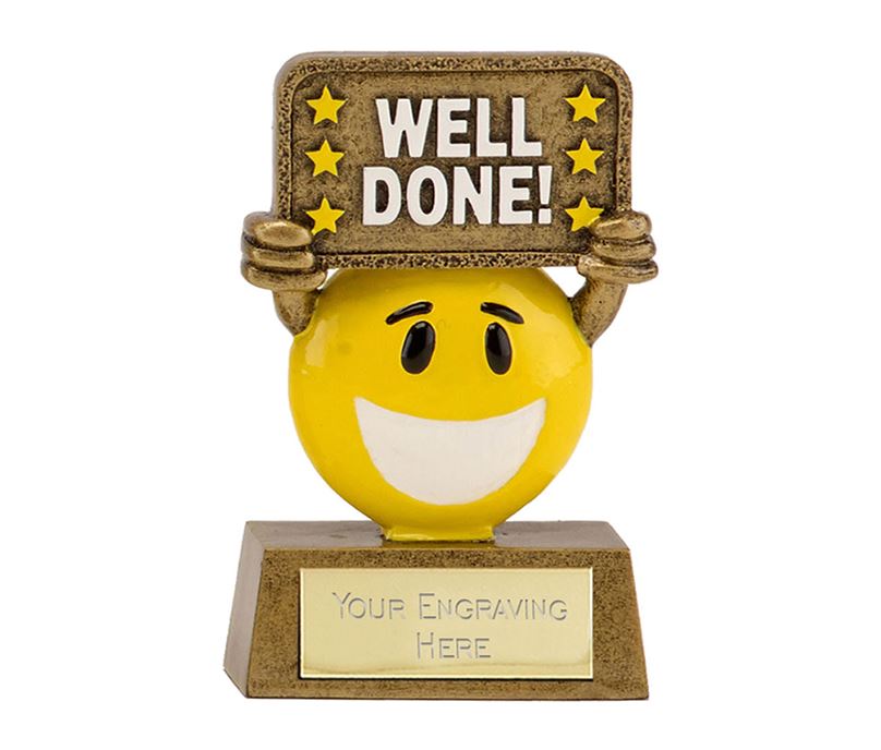 Gold & Yellow Resin Happy Face Well Done Trophy 9cm (3.5")