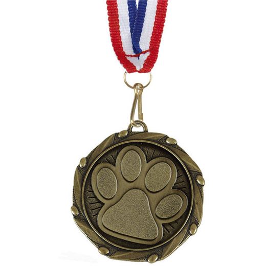 Pet Paw Medal Gold With White, Blue & Red Ribbon 45mm (1.75")