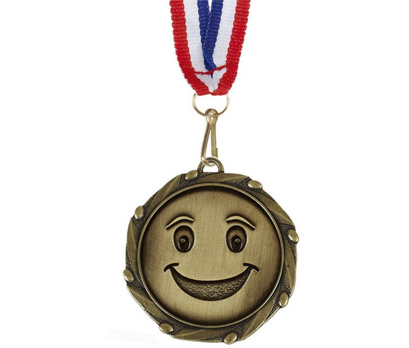 Happy Face Medal Gold With White, Blue & Red Ribbon 45mm (1.75")