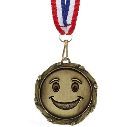 Happy Face Medal Gold With White, Blue & Red Ribbon 45mm (1.75")