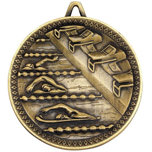 Deluxe Swimming Medal Antique Gold 60mm (2.25")
