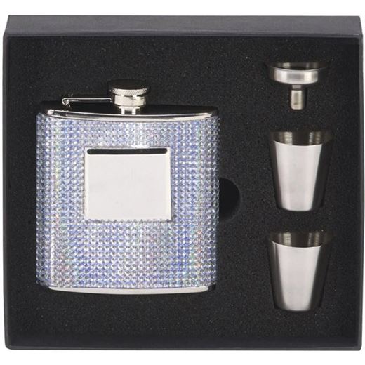 Bling Finished Stainless Steel 6oz Hip Flask with Cups & Funnel 12cm (4.75")