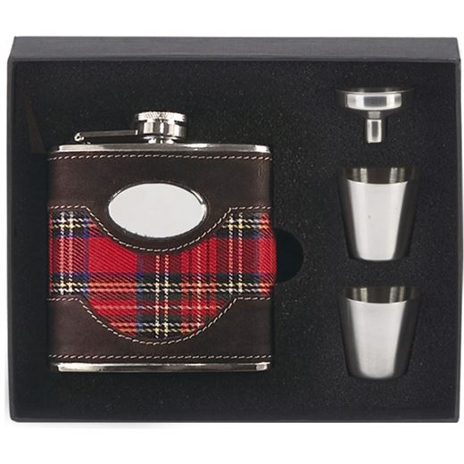 Tartan & Leather Stainless Steel 6oz Hip Flask with Cups & Funnel 12cm (4.75")