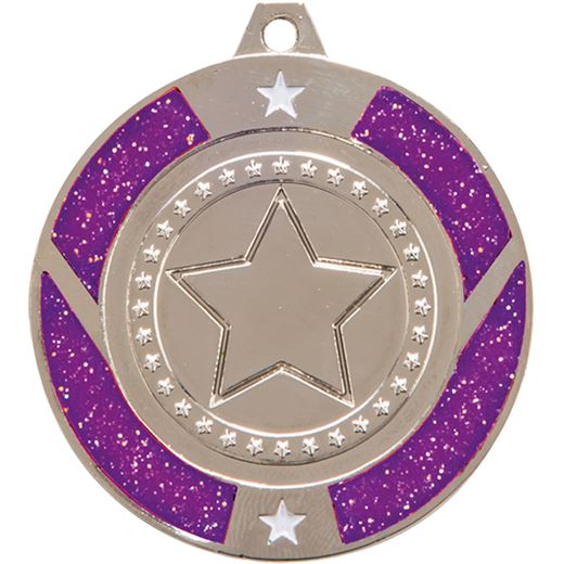 Silver & Purple Glitter Star Medal 50mm (2")