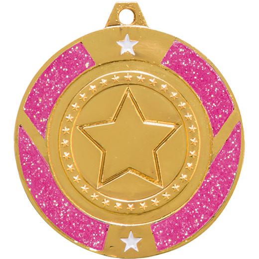 Gold & Pink Glitter Star Medal 50mm (2")