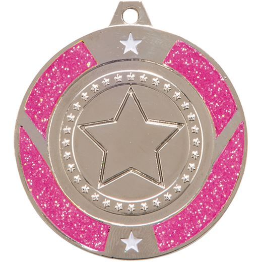 Silver & Pink Glitter Star Medal 50mm (2")